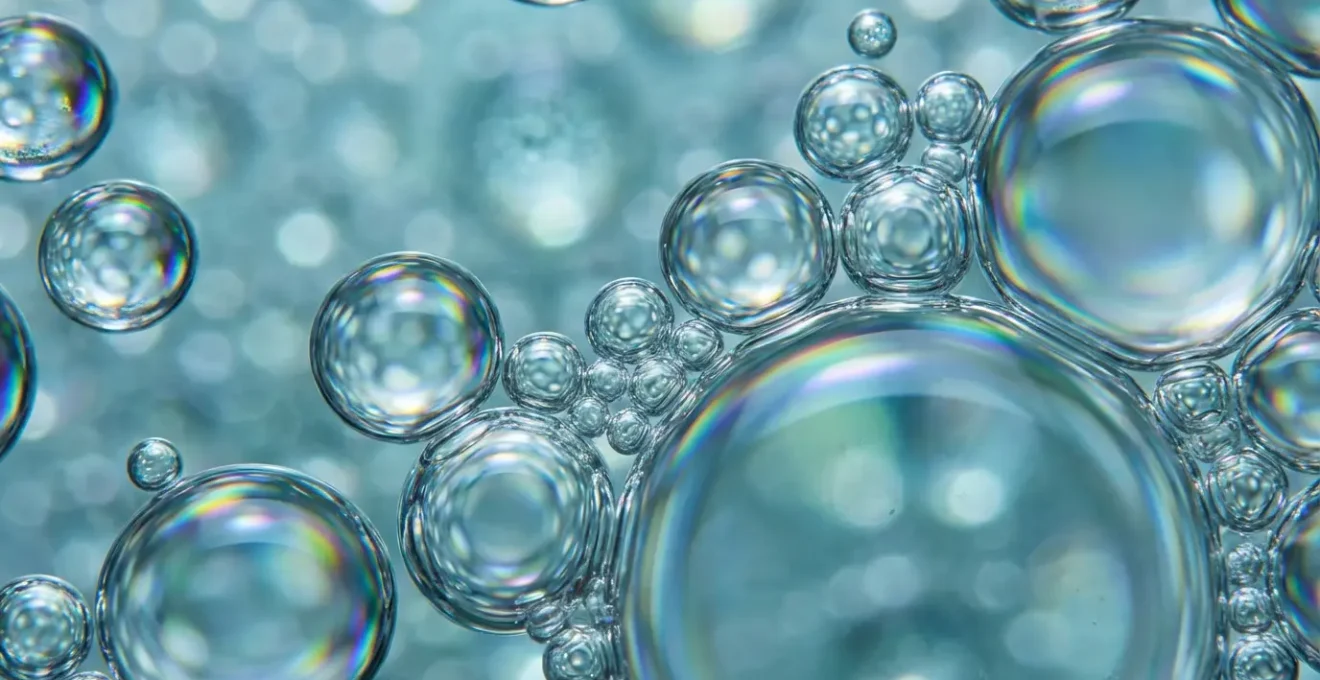 Abstract representation of air bubbles and water droplets forming protective barriers