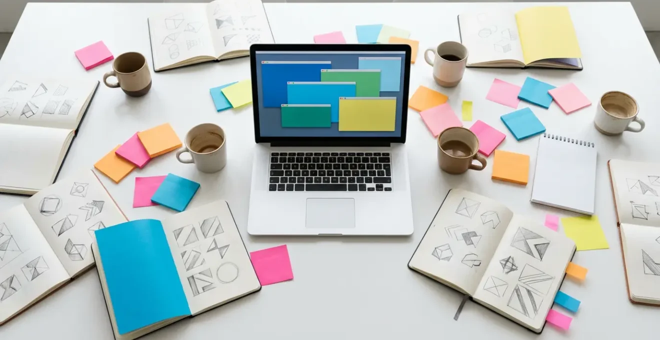 Overhead view of workspace with multiple unfinished projects and scattered planning materials