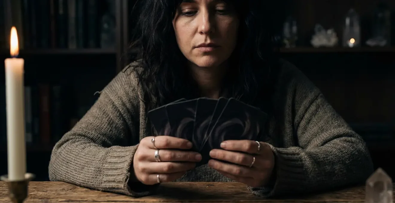 Woman holding tarot cards with contemplative expression in soft candlelight