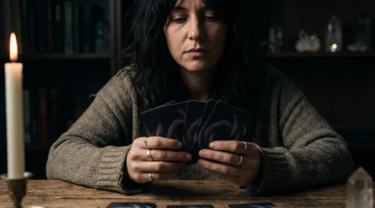 Woman holding tarot cards with contemplative expression in soft candlelight
