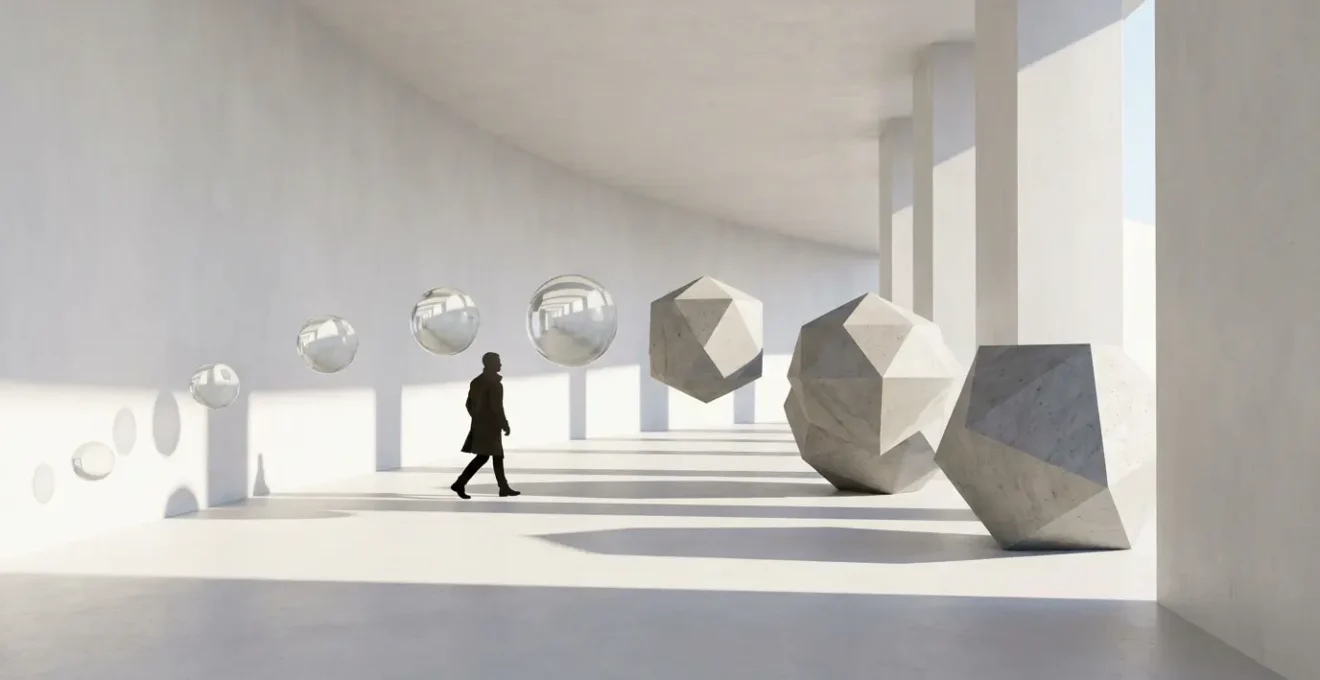 Abstract visualization of thought bubbles crystallizing into solid geometric forms