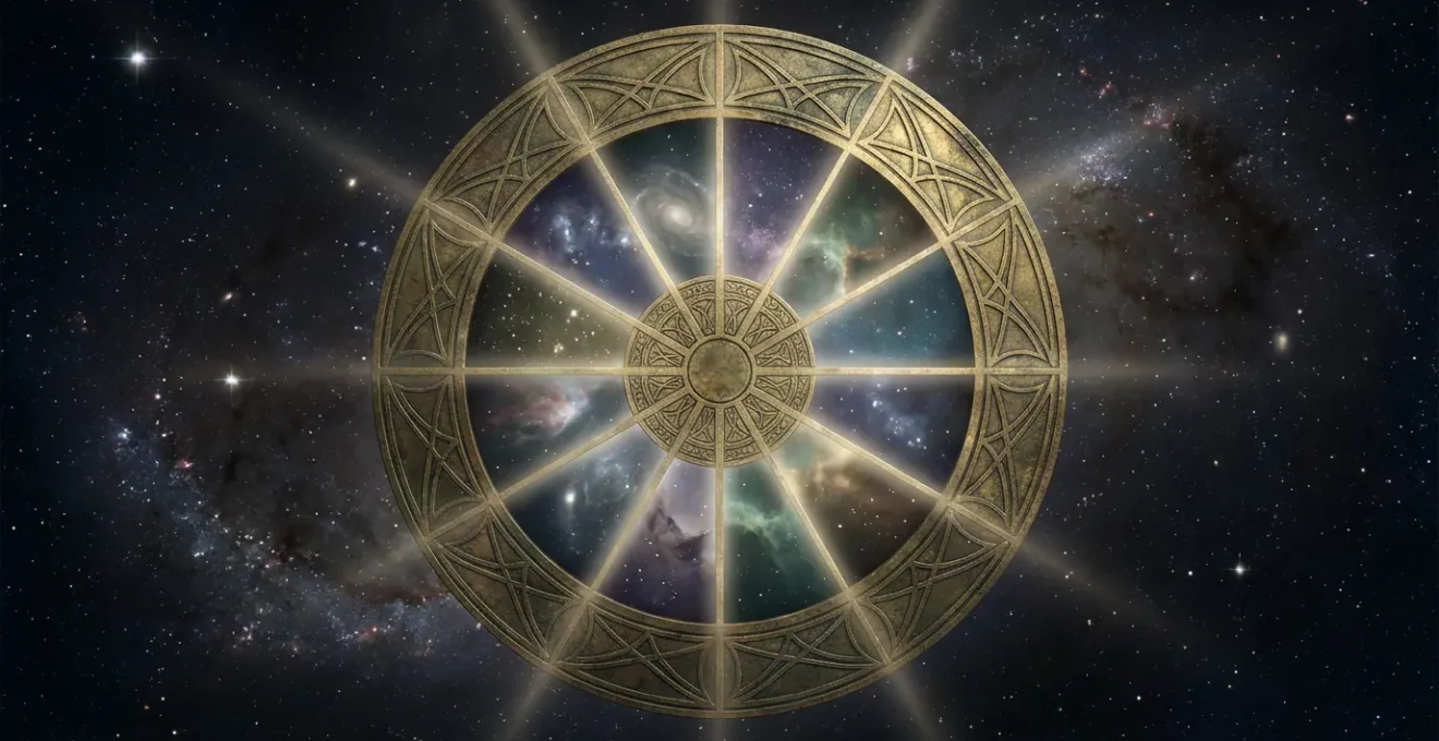 Circular astrological wheel with cosmic elements showing house divisions
