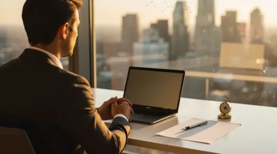 Professional in contemplation during career transition with astrological elements