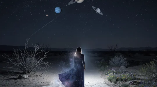 Cosmic transformation during relationship ending showing celestial bodies and human transformation