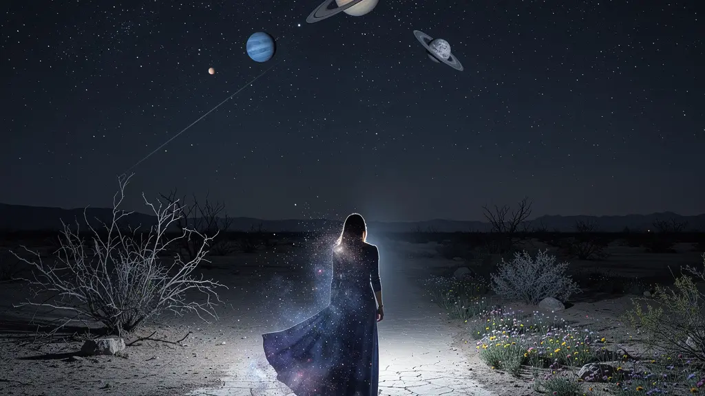 Cosmic transformation during relationship ending showing celestial bodies and human transformation