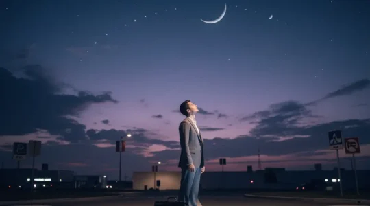 Professional person contemplating career opportunities under a starry night sky with visible moon phases and planetary alignments