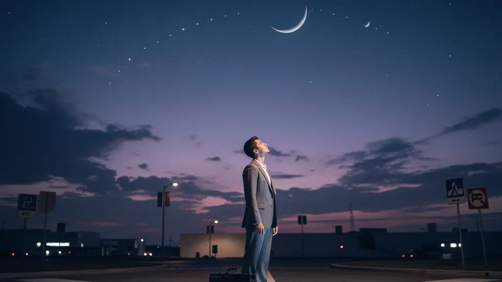 Professional person contemplating career opportunities under a starry night sky with visible moon phases and planetary alignments