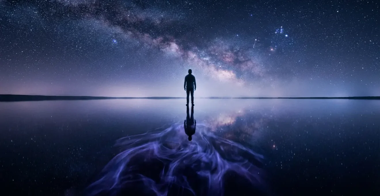 A silhouette figure stands beneath a night sky with constellation patterns reflecting their inner emotional landscape