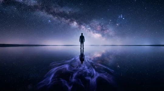 A silhouette figure stands beneath a night sky with constellation patterns reflecting their inner emotional landscape