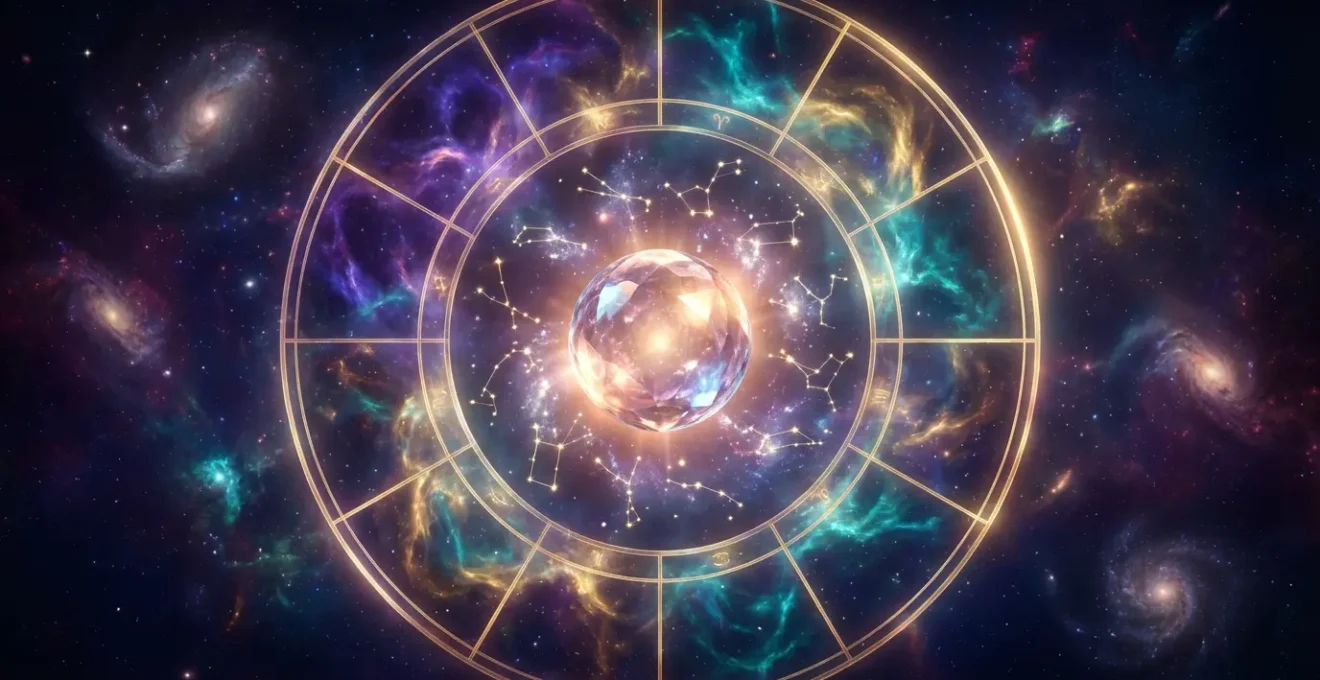 Cosmic celestial map showing zodiac wheel with illuminated house sectors