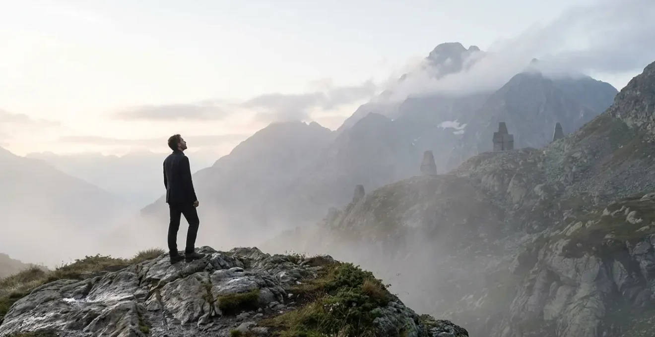 Business professional ascending metaphorical mountain with milestone markers