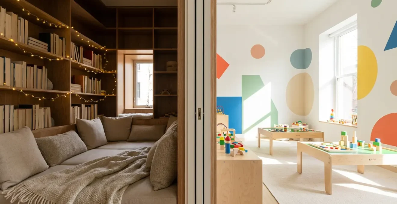 Split view of two different children's spaces showing contrasting emotional environments