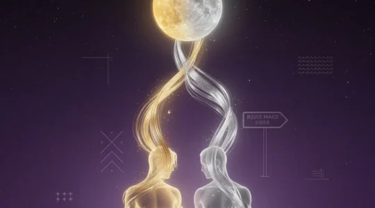 Two intertwined cosmic energy fields merging into a third luminous entity above a couple