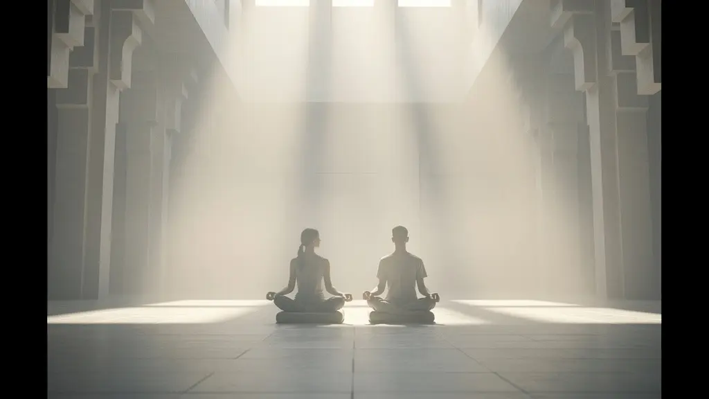 Ethereal couple meditating in a misty spiritual sanctuary with soft light