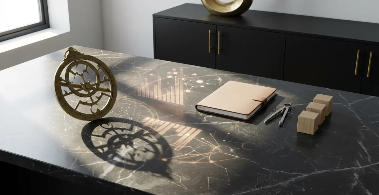 Strategic business timing visualization with celestial elements and calendar planning