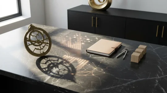 Strategic business timing visualization with celestial elements and calendar planning