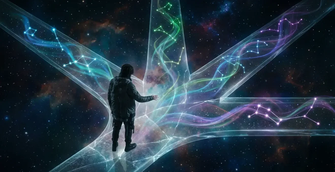 A person standing at an ethereal crossroads where multiple quantum pathways branch into starlit futures