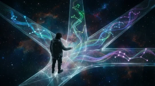 A person standing at an ethereal crossroads where multiple quantum pathways branch into starlit futures