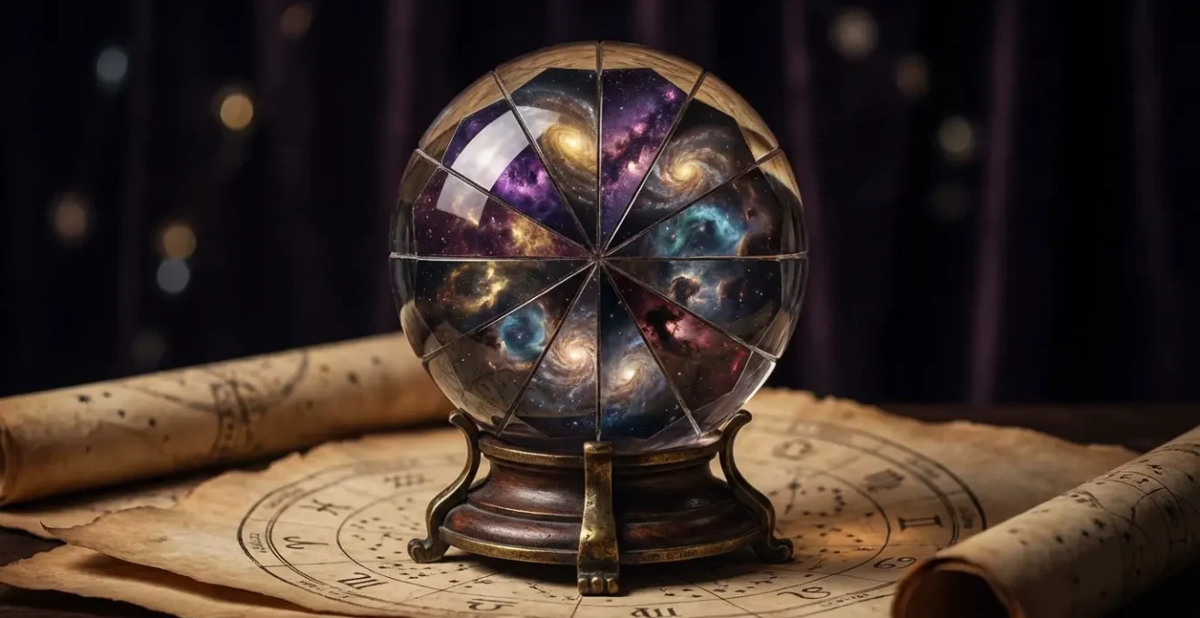 A fragmented crystal ball showing different possible futures reflecting cosmic patterns