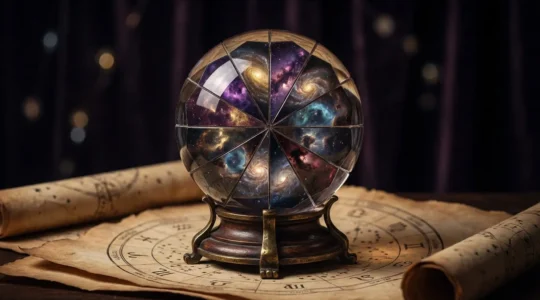 A fragmented crystal ball showing different possible futures reflecting cosmic patterns
