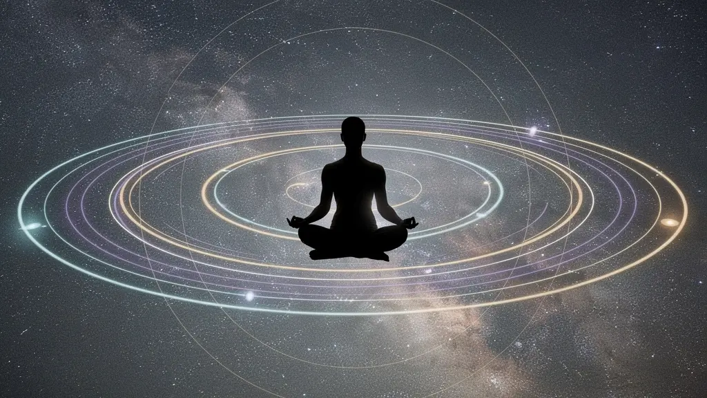 Person in deep meditation surrounded by planetary orbits and cosmic energy visualization