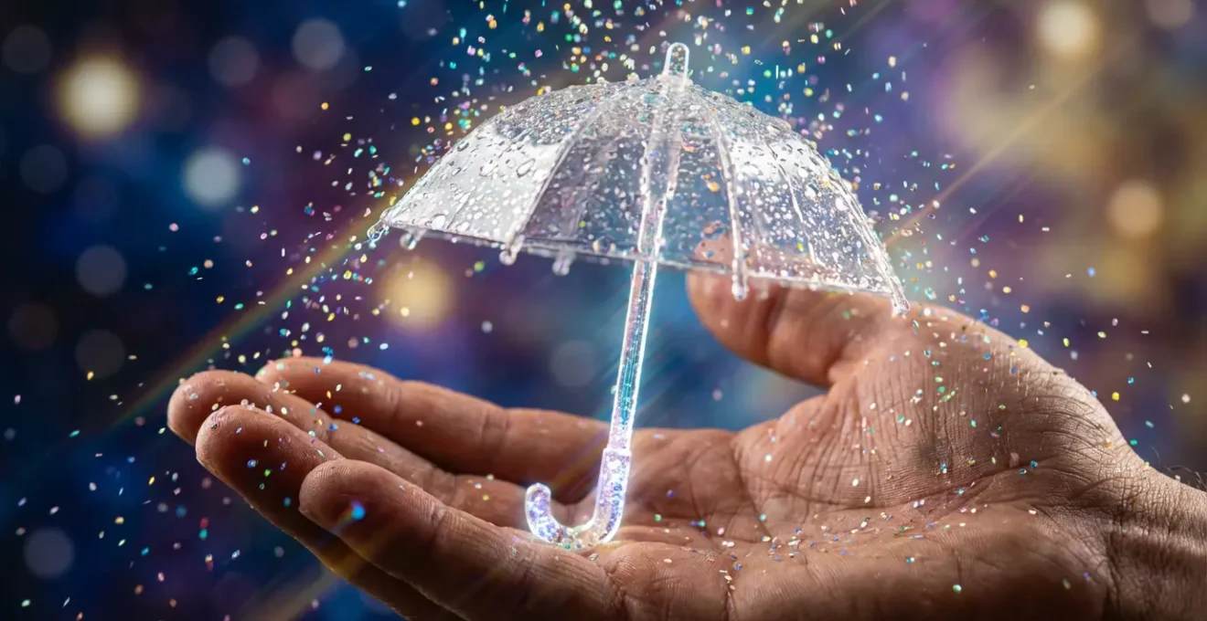 Person holding umbrella against falling stardust representing cosmic weather