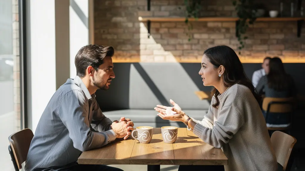Couple in intimate conversation at corner cafe table, soft afternoon light streaming through window