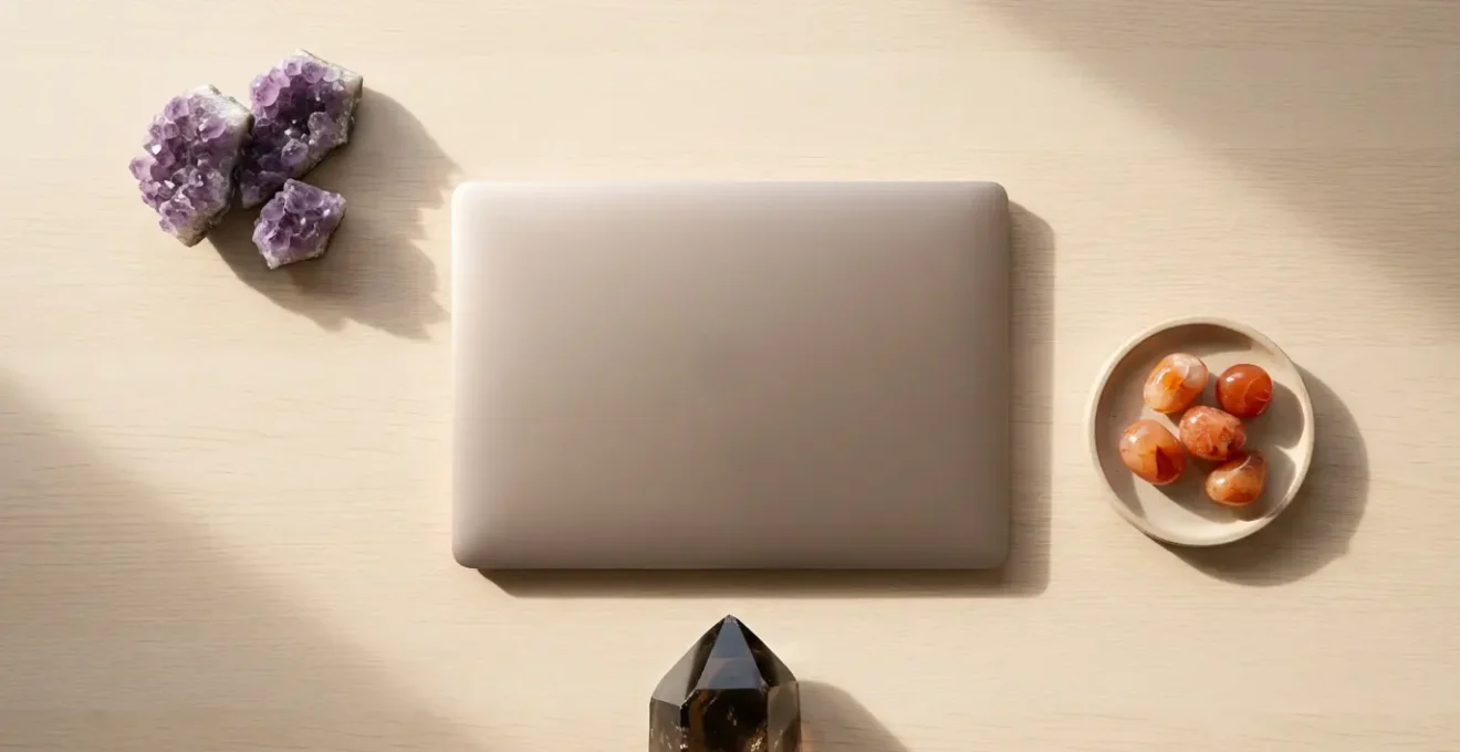 Modern desk setup with crystals strategically placed around computer workspace
