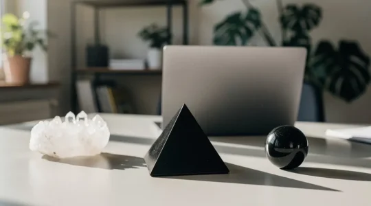 Crystal arrangement in modern tech workspace protecting against electromagnetic frequencies