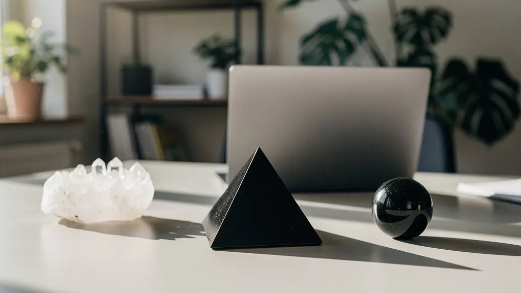 Crystal arrangement in modern tech workspace protecting against electromagnetic frequencies