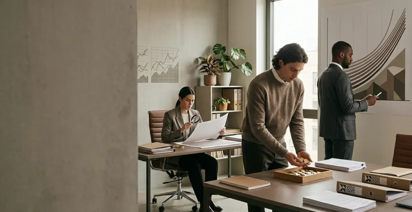 Professional investors analyzing financial data with earth element symbolism