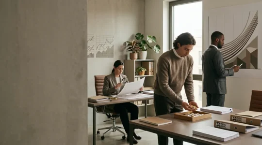 Professional investors analyzing financial data with earth element symbolism