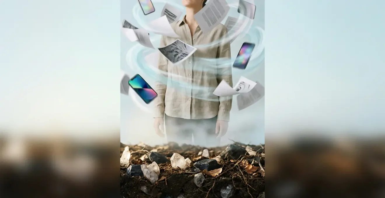 Person floating among scattered papers and digital devices above grounding earth elements