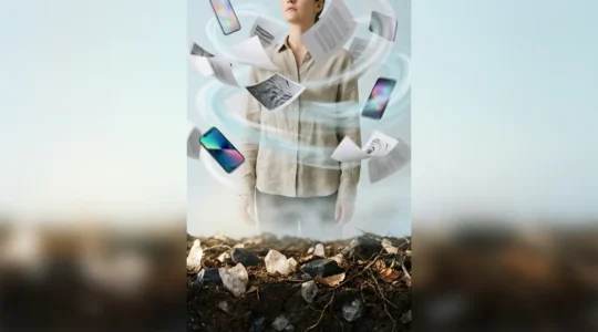 Person floating among scattered papers and digital devices above grounding earth elements