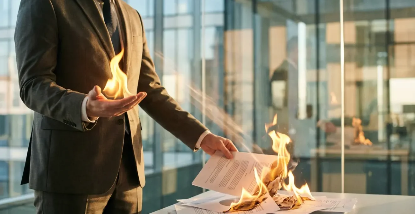 Dynamic professional managing energetic fire between control and chaos in modern workplace setting