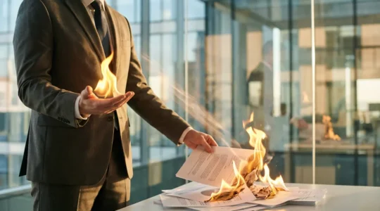 Dynamic professional managing energetic fire between control and chaos in modern workplace setting