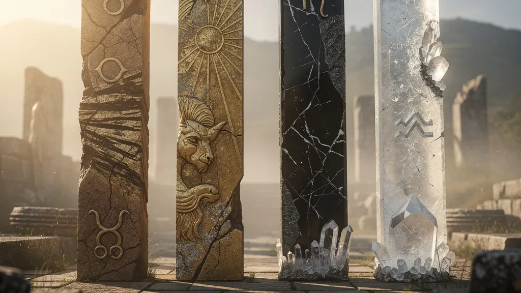 Four symbolic pillars representing Taurus, Leo, Scorpio, and Aquarius supporting an eternal structure