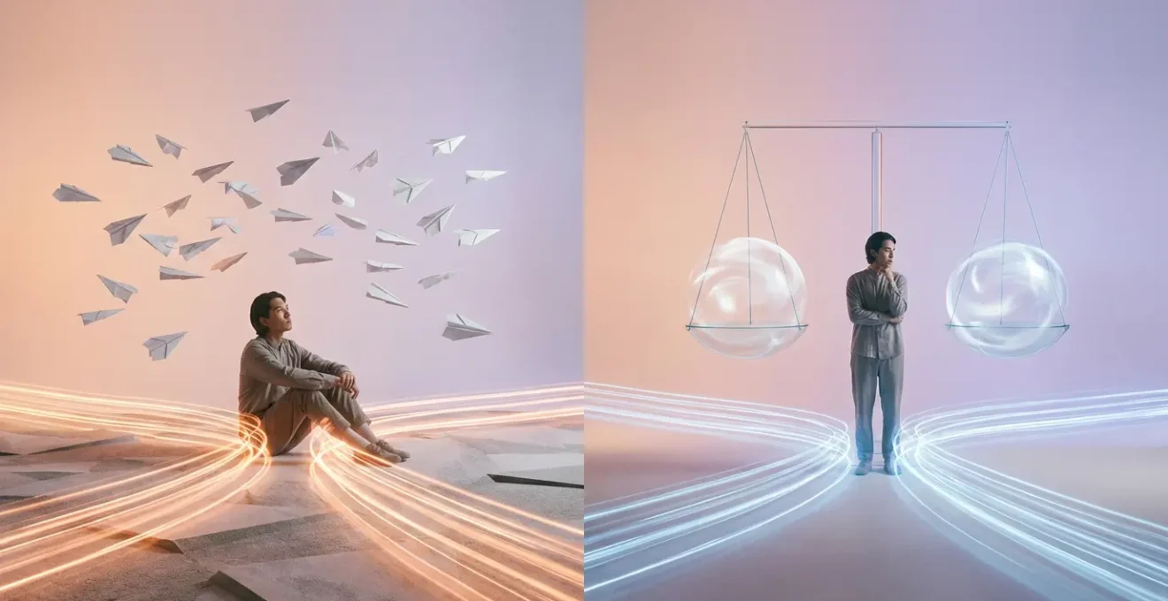 Air signs Gemini and Libra contemplating multiple pathways in a surreal mental landscape