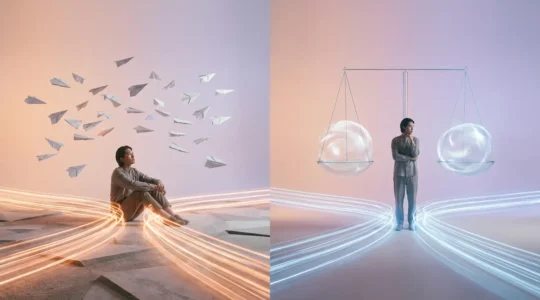 Air signs Gemini and Libra contemplating multiple pathways in a surreal mental landscape