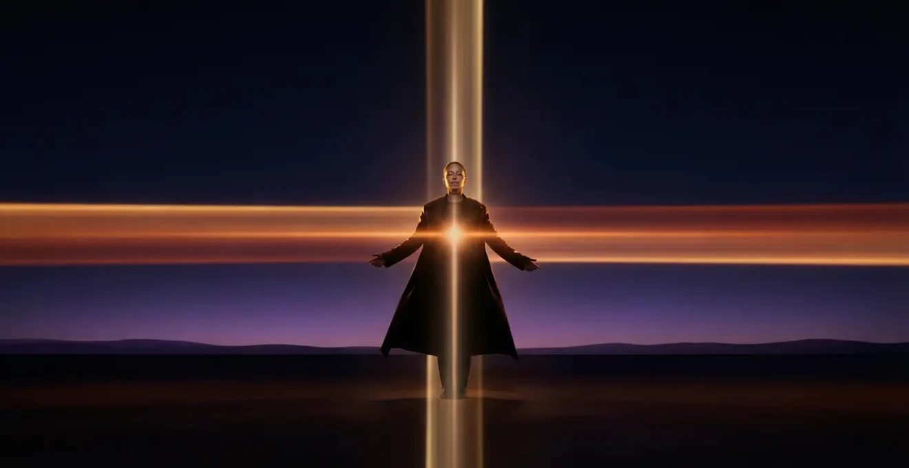 A symbolic representation of transformation through astrological grand cross aspects, showing inner strength emerging from challenge