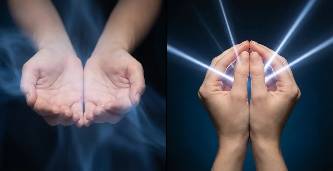 Two pairs of healing hands side by side, one emitting soft blue light, the other bright white concentrated beam