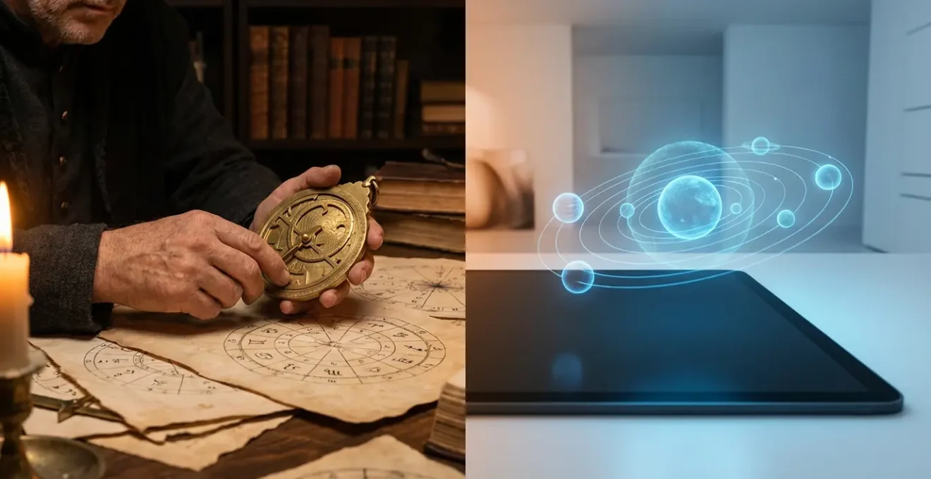 Split-screen showing human astrologer with ancient tools alongside modern computer interface