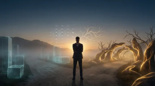 Person at crossroads between analytical and intuitive paths for decision-making