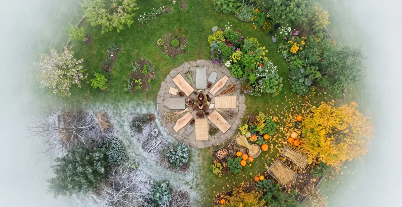 Abstract visualization of a 12-year cycle divided into seasons with a figure planning at the center