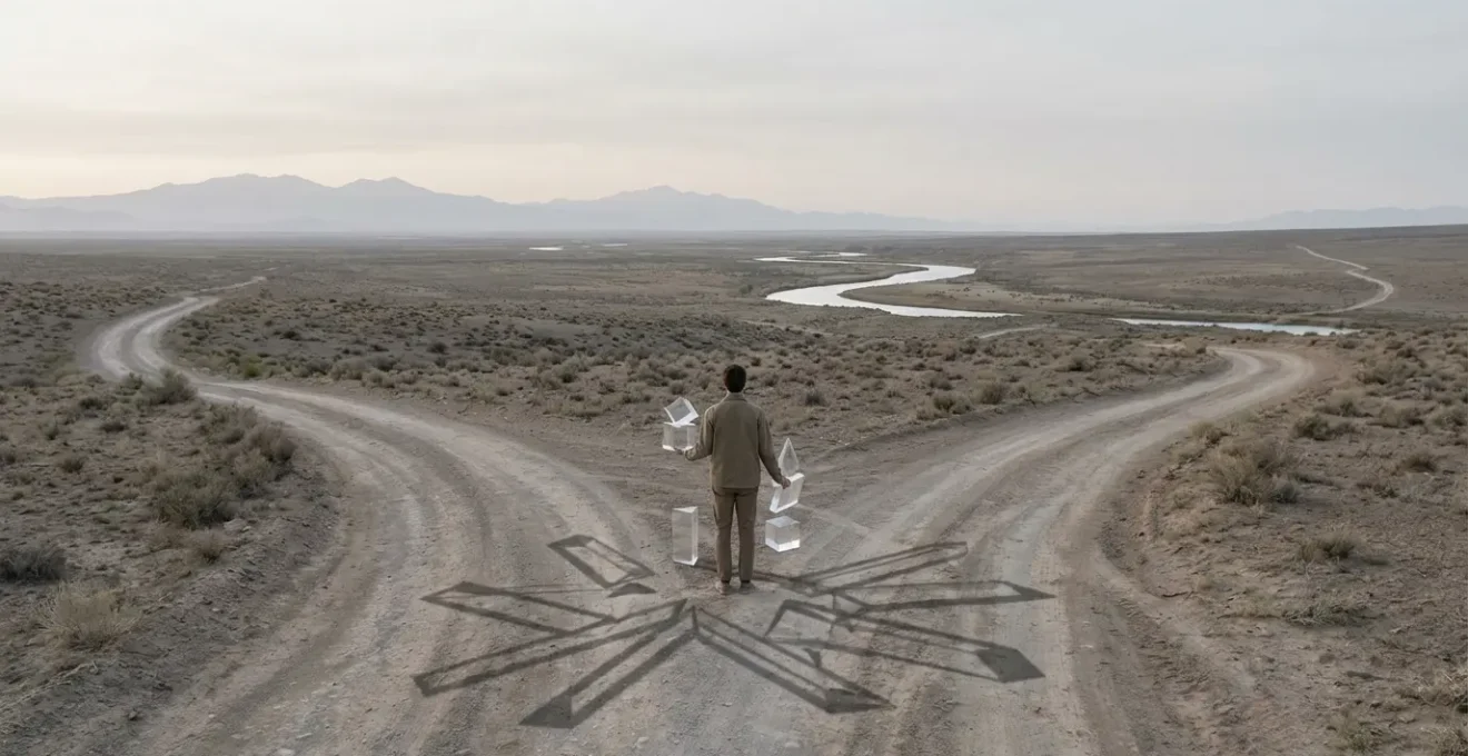 A person stands at a crossroads, evaluating multiple diverging life paths representing career and relationship choices during their Saturn Return.