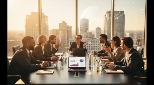 Professional team meeting with zodiac constellation overlay showing Mars planetary influence