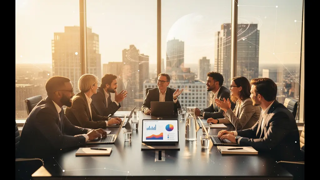 Professional team meeting with zodiac constellation overlay showing Mars planetary influence