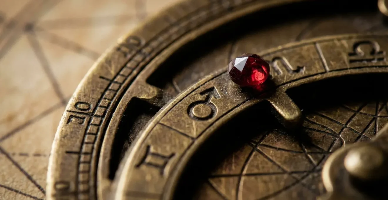 Macro shot of vintage brass astrolabe showing Mars position through zodiac houses