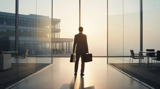 Professional at crossroads during cosmic transformation representing Uranus opposition at midlife