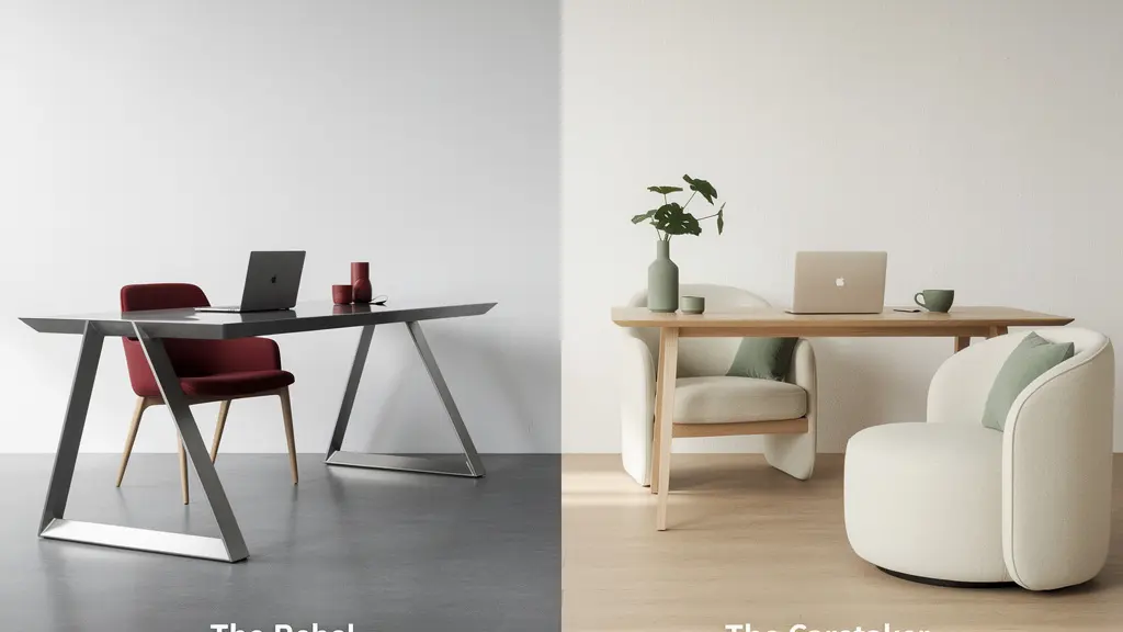 Split composition showing contrasting business archetypes and branding elements